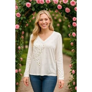 Sonoma Women's White‎ Embellished Long Sleeve V Neck Top Size 3X